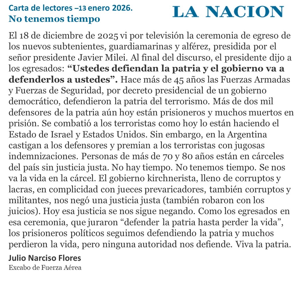 Los genocidas publican sus cartas en La Nación, empresa que fue partícipe civil del terrorismo de Estado, beneficiada con la impunidad en la causa Papel Prensa

Julio Narciso Flores es un genocida condenado por delitos de lesa humanidad. 
Ni olvido ni perdón 
#50AñosDelGolpe