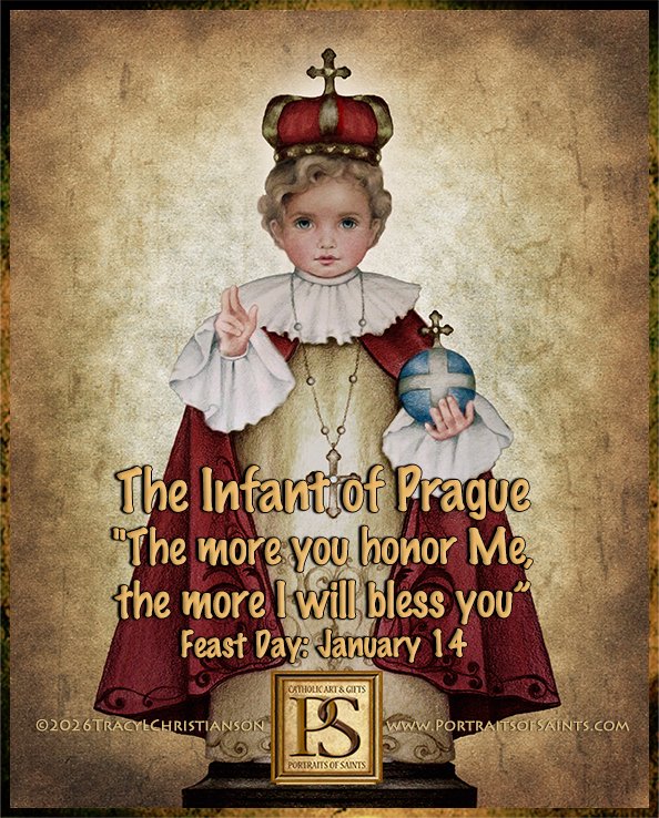 Infant of Prague. "The more you honor Me, the more I will bless you.” He is the patron of children, family life, missions, and those facing financial concerns. bit.ly/3RFi42g