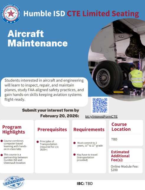 HumbleISD_CTE's tweet photo. Interested in Aircraft Maintenance? Sign up for Humble ISD’s Aircraft Maintenance course for the 2026–2027 school year. See your counselor for details!

@HumbleISD https://t.co/1G1DfuhCqd