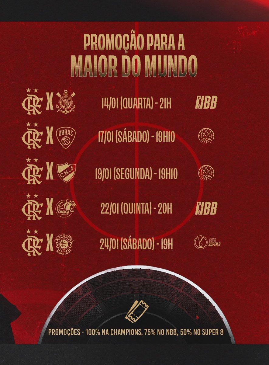 Vem aí a #MaratonaFlaBasquete, Nação! 👊🏀❤️🖤

Cinco jogos importantíssimos por NBB, Champions League e Super 8, no Maracanãzinho! 

E tem promoção para a Maior do Mundo! Os jogos da Champions terão até 100% de desconto, entrada gratuita para os 1000 primeiros torcedores que