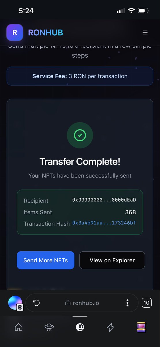 WyldBrandit's tweet image. 1 TRANSACTION! 🤯😱 368 NFTs transferred for 3 RON!  Well done @KttyLabs !!!!!  Is this a record?
