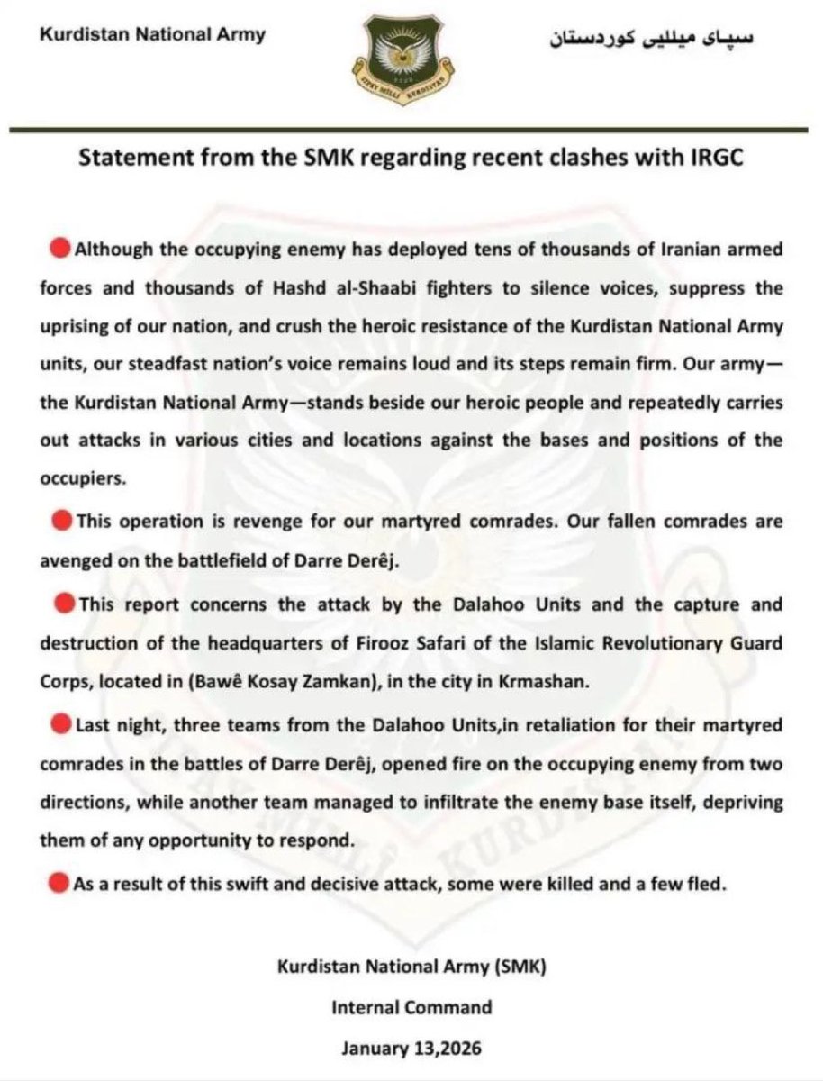AuraMoner's tweet image. Comunicat de l’Exèrcit Nacional Kurd on afirmen haver capturat i destruït el quarter general de la Guàrdia Revolucionària Islàmica a Kermanxah, la ciutat kurda més gran de l’Iran.