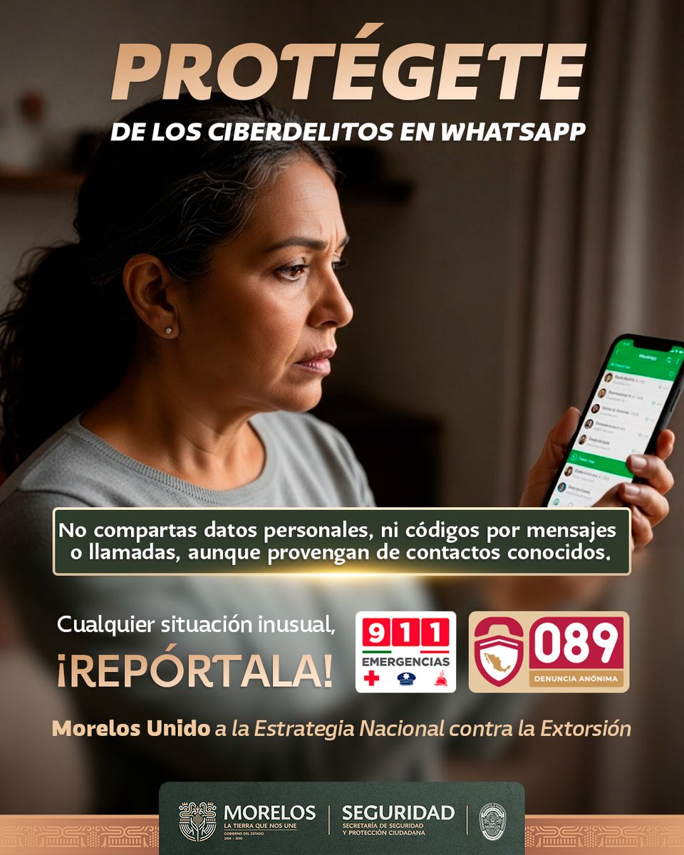 Tu seguridad digital es lo más importante.

Si recibes mensajes pidiendo códigos o datos personales, desconfía, incluso si vienen de un contacto conocido. Evita caer en extorsiones por WhatsApp. 

Ante cualquier duda: 📞 Emergencias: 911 📞 Denuncia anónima: 089