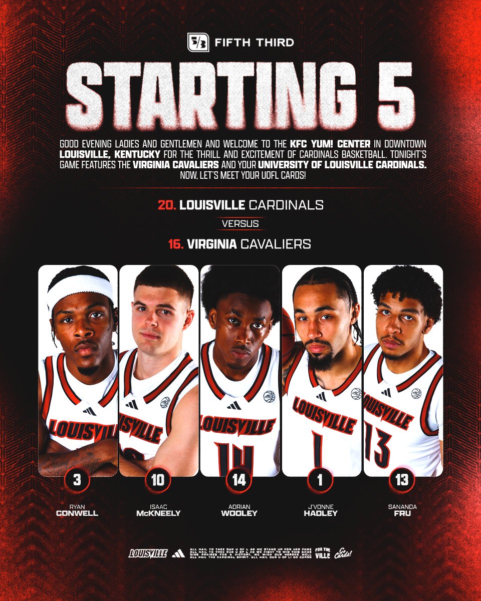 LouisvilleMBB's tweet photo. Starting 5 vs. Virginia

#GoCards x @FifthThird https://t.co/qhURX4oUK5
