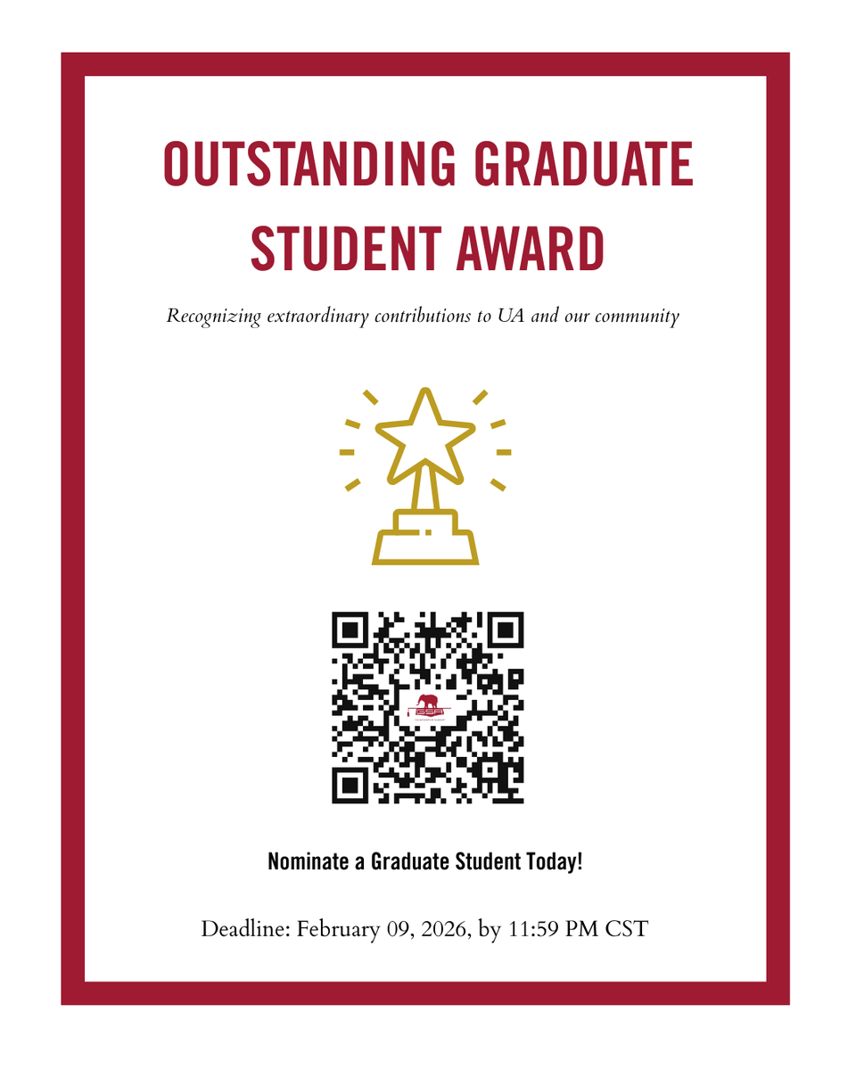 UAGSA's tweet photo. Visit https://t.co/nhoGA5W0nD... to nominate a grad student today!

Deadline: February 9, 2026, 11:59 PM CST.

The award is sponsored by the UA Graduate Student Association.

#UAGSA #GSAAwards #TheUniversityOfAlabma #RollTide https://t.co/Rdtb1bvoYA