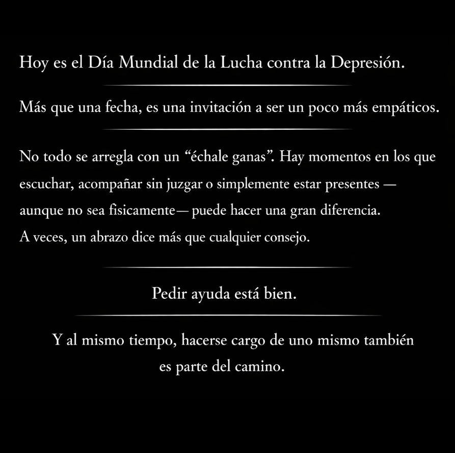 LetsKalk's tweet photo. Hoy no se trata de dar consejos rápidos.
Se trata de escuchar, acompañar y estar presentes — incluso a la distancia.
Pedir ayuda está bien. Hacerse cargo de uno mismo también.
Ambas cosas pueden coexistir.

#DiaMundialDeLaDepresion #SaludMental #Empatia #Acompañar #HablarAyuda https://t.co/XsPAbx4sHV