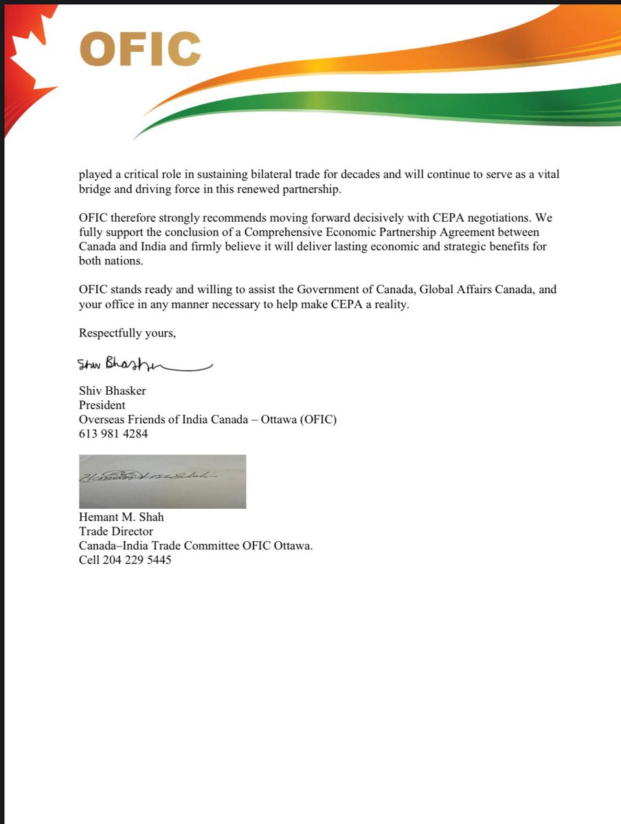 OFIC strongly encourages our politicians to advance CEPA with India. India and China alone accounts for 26% of global GDP and 80% of Asia Pacific. Asia Pacific strategy becomes meaningful only when these 2 large global consumer power houses consider Canada as a reliable partner.