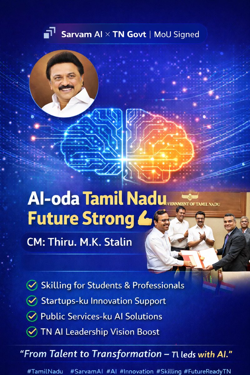 KarunyanMBA's tweet photo. Tamil Nadu just signed a massive Rs 10,000-crore MoU with Sarvam AI to launch India's first Sovereign AI Park in Chennai, boosting secure, state-controlled AI infrastructure. #SarvamAI #AI #FutureReadyTN #MKStalinEra @TRBRajaa @mkstalin @ptrmadurai https://t.co/k3hRUSier6