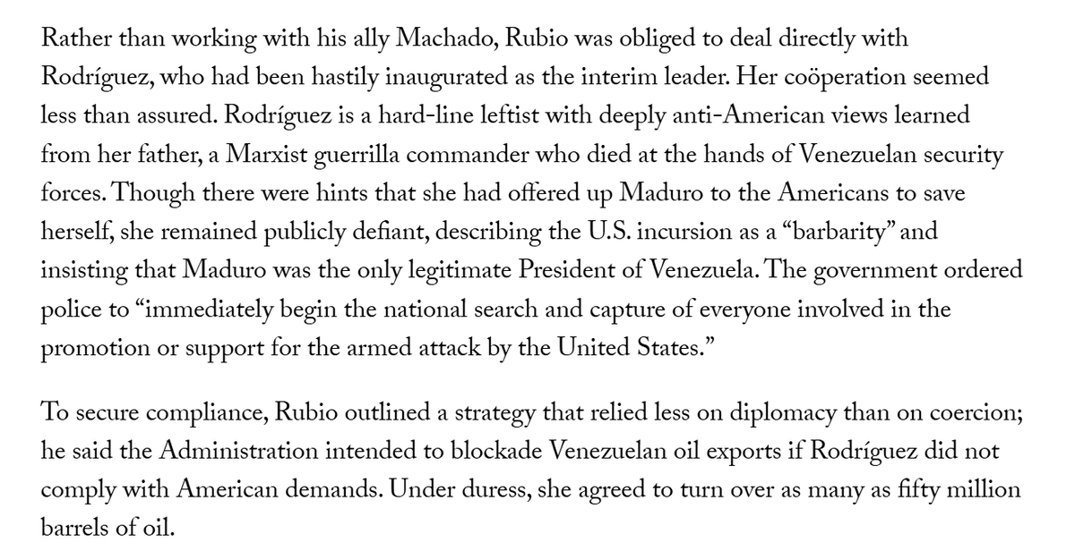 EmmaRincon's tweet photo. The @NewYorker provides an accurate description of Delcy Rodriguez:

"Rodríguez is a hard-line leftist with deeply anti-American views learned from her father, a Marxist guerrilla commander who died at the hands of Venezuelan security forces. Though there were hints that she had offered up Maduro to the Americans to save herself, she remained publicly defiant, describing the U.S. incursion as a “barbarity” and insisting that Maduro was the only legitimate President of Venezuela. The government ordered police to “immediately begin the national search and capture of everyone involved in the promotion or support for the armed attack by the United States.”