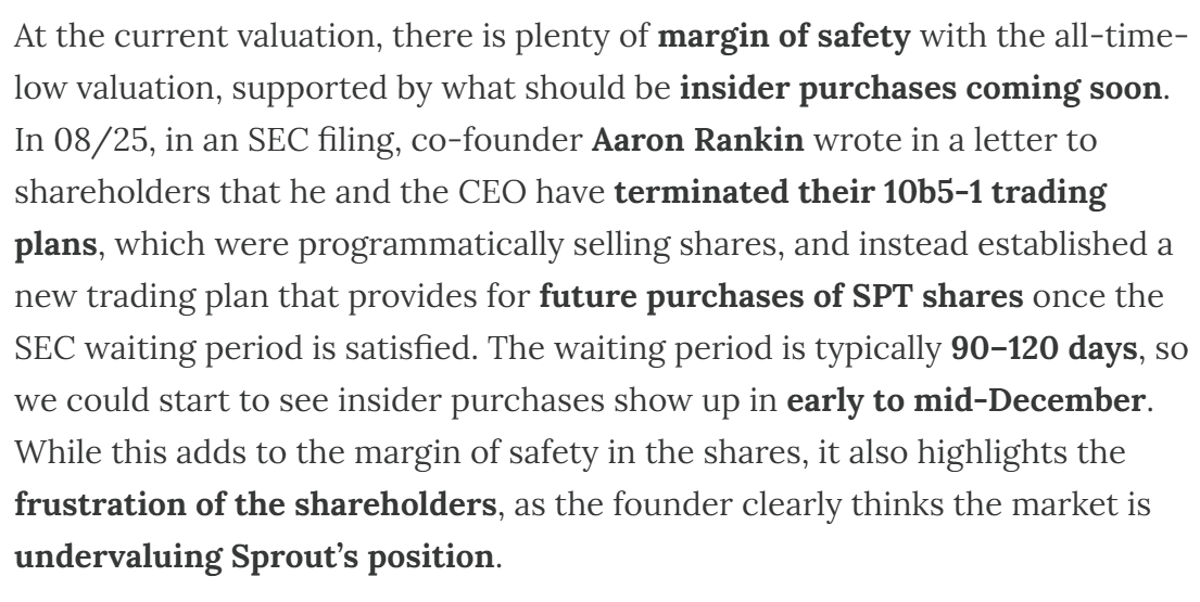 P14Capital's tweet photo. $SPT +5.7% post-market on low volume. CEO buys $1M in shares. This comes after co-founder Aaron Rankin purchased $1M a few weeks ago. FWIW, my buyout bets post pitched $SPT as a prime 2026 buyout target and called for planned insider buys to act as a margin of safety 🤣🤣(which clearly has not been the case, still see SPT being bought out tho).