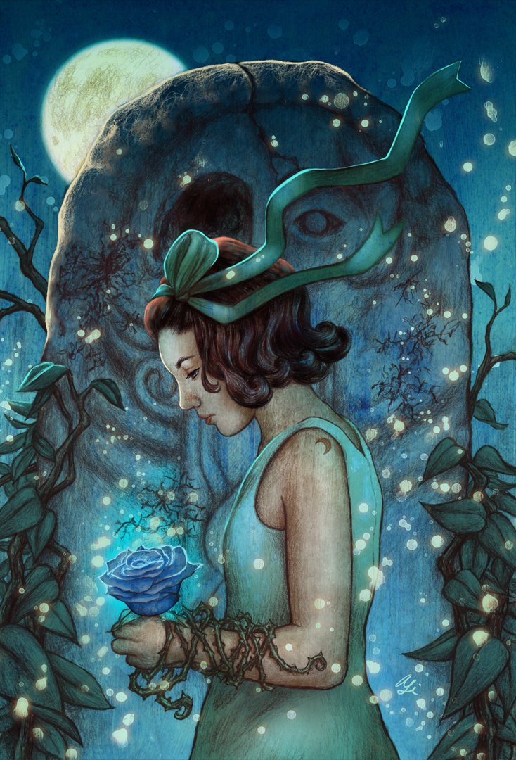 AliceMeichi's tweet image. Ofelia from #PansLabyrinth clutches an impossible blue rose as a broken idol and full moon loom behind her: symbols of fading authority and the rising Sacred Feminine

Prints now available for @Galleries1988 's “Pan’s Labyrinth 20th Anniversary” show nineteeneightyeight.com/collections/pa…