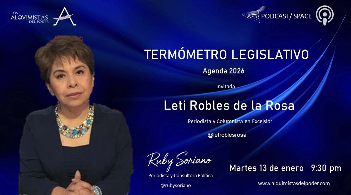 🎙️HOY a las 9:30 pm conversaremos con <a href="/letroblesrosa/">Leti RoblesdelaRosa</a> 
🎙️No se pierdan el programa porque habrá mucha #RealPolitik con #TermómetroLegislativo👇
x.com/i/spaces/1eaKb…