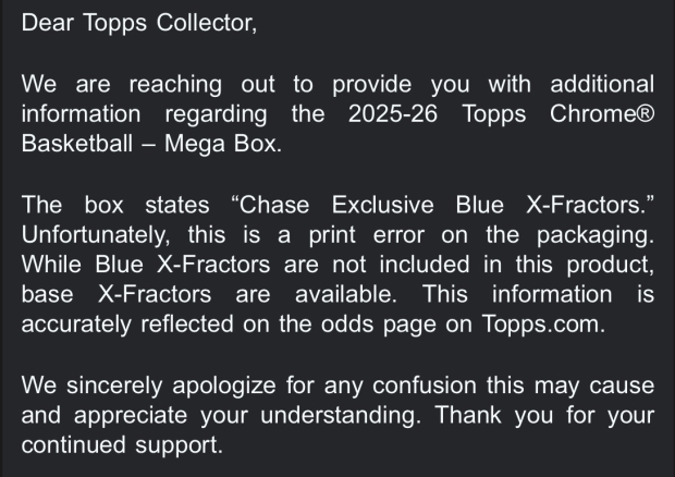 Email from Topps RE: Topps Chrome NBA Mega Boxes