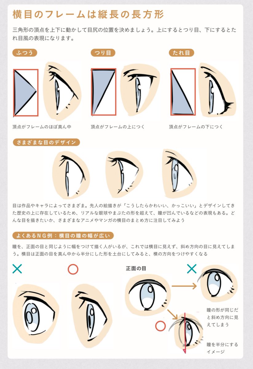 animesijyuku's tweet image. 横目は三角形をベースにすると上手く描けます！！
リアルな目や正面の形に引っ張られると上手く描けません。