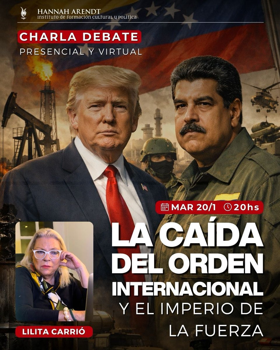 📣🗣 *NUEVA charla de Lilita:* `“La caída del orden internacional y el imperio de la fuerza 🇺🇸💣🇻🇪”`

✅✅ _PRESENCIAL Y VIRTUAL_

🌎 El mundo atraviesa un punto de inflexión.
🇺🇸🇻🇪 La caída del régimen de Maduro y la intervención de Estados Unidos bajo el liderazgo de Trump no