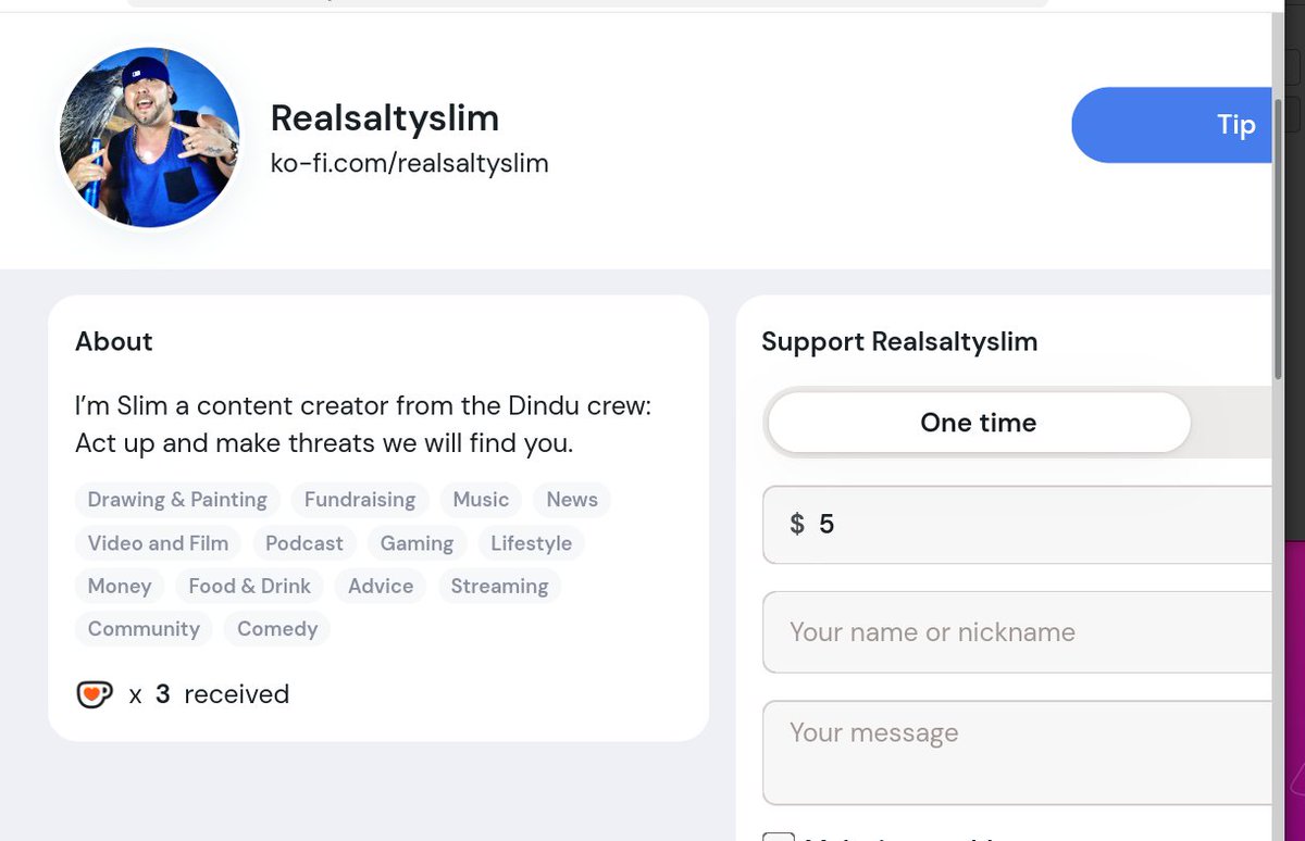 JoanieOC's tweet image. This guy is followed by a bunch of bots on X  &amp;amp; has a web page where he's begging for money...for supplying absolutely nothing (except a threat to people who disparage him). 3 people have bought him a coffee, 
for a grand total of $15. He's a clown.