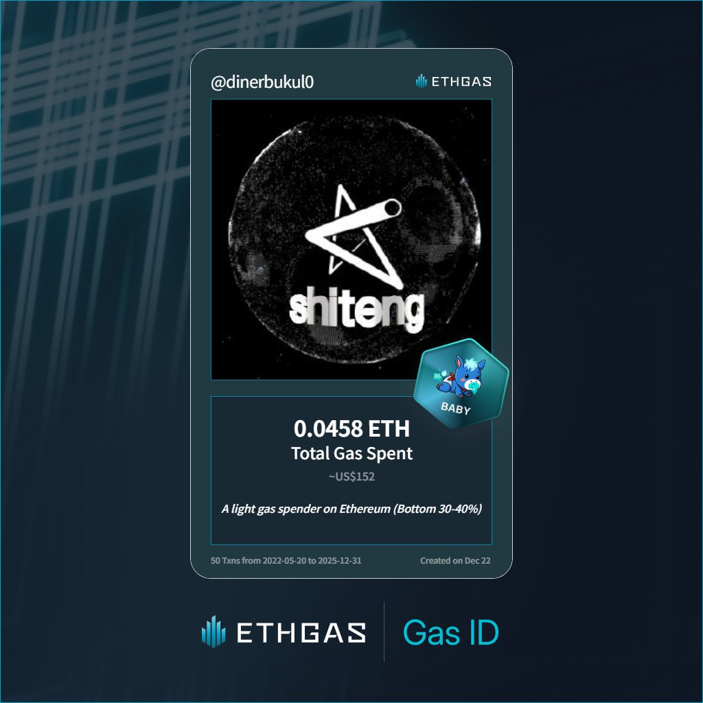 Leveled up in the Great Gas Reckoning with ETHGas! 💪

Baby Jack status: 0.0458 ETH gas spent, 12 Beans earned—supporting the Gasless Future!

Claim your Gas ID at ethgas.com/community/gas-…