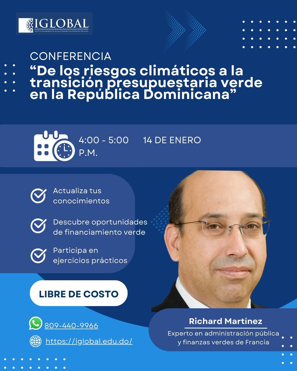 El futuro de las finanzas públicas también es verde Acompáñanos en la conferencia “De los riesgos climáticos a la transición presupuestaria verde en la República Dominicana”, un espacio para comprender cómo enfrentar el cambio climático desde la planificación y el financiamiento