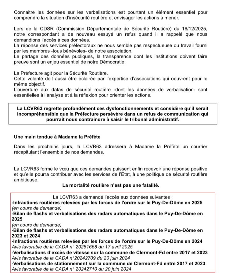🗒️Communiqué de Presse à propos de l’arrivée de Madame la Préfète Anne Frackowiak-Jacobs et le refus de l’ancien <a href="/Prefet63/">Préfète du Puy-de-Dôme</a> de communiquer les données de verbalisation sur le <a href="/Departement63/">Puy-de-Dôme, mon Département</a> 
Nous espérons pouvoir travailler avec la Préfecture pour atteindre l’objectif Zéro victime