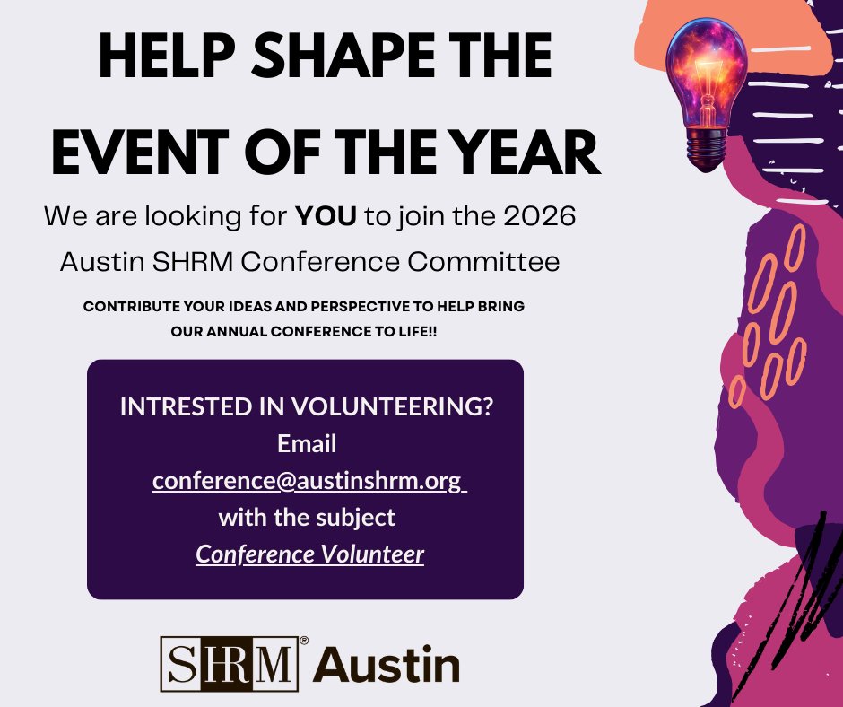 AustinShrm's tweet image. Want to help shape the 2026 Austin SHRM Conference? ✨

If you’ve ever wanted to help shape the experience behind the scenes, this is your moment. 😁

📩 Interested? Email conference@austinshrm.org
✏️ Subject line: Conference Volunteer