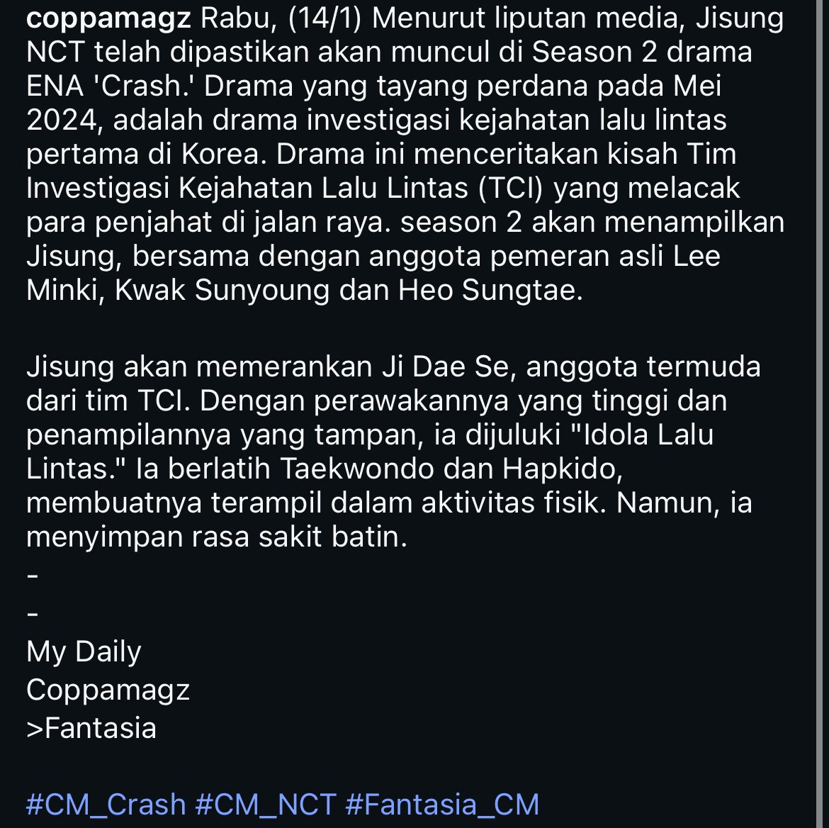 MissPark275's tweet image. ALHAMDULILLAH PARK JISUNG DAPET PERAN BAGUS, BUKAN CAMEO ATAU FIGURAN 🫶🥺
JISUNG JADI POLISI GES, SALAH SATU TIM INVESTIGASI TERMUDA!!!
Bahkan di drama pun dia jadi maknae kesayangan, uri Jisungie 💗🥺