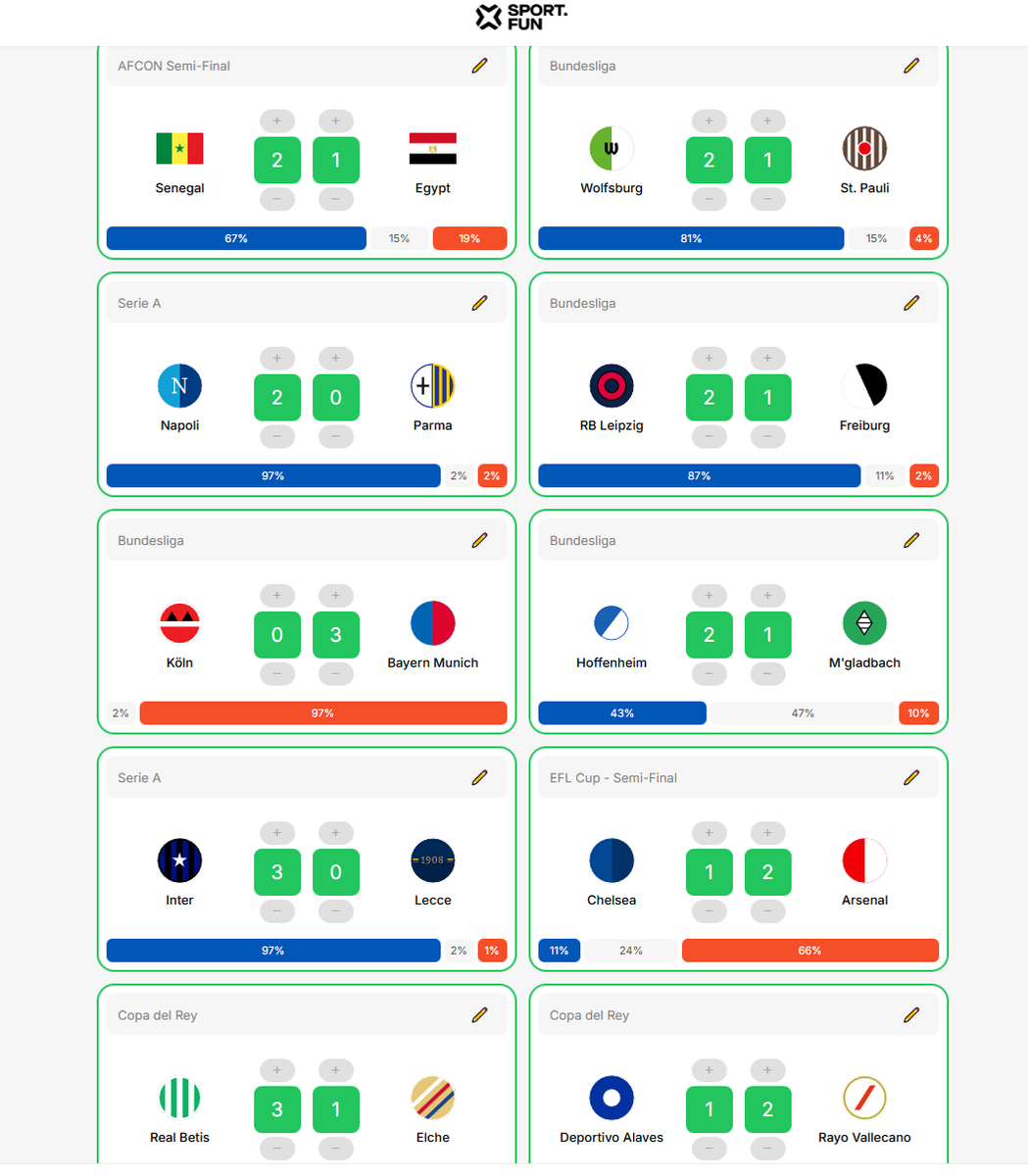 Last day of prediction week. Rewards looks amazing, but let's see if I can gain a few positions in leaderboard. Here are my predictions for last day of event.

<a href="/sportfun/"></a>