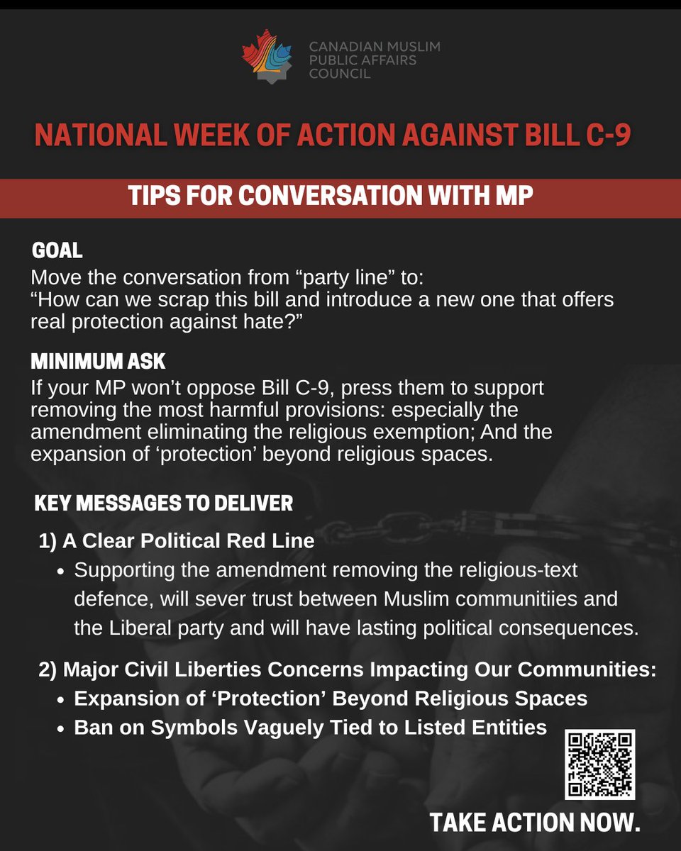 CMPAConline's tweet image. Join CMPAC’s National Week of Action Against Bill C-9.

This bill is being advanced as a “safety” measure but its current design risks expanding state overreach, chilling peaceful protest, and weakening protections for religious expression and civil liberties. Asking an MP to…