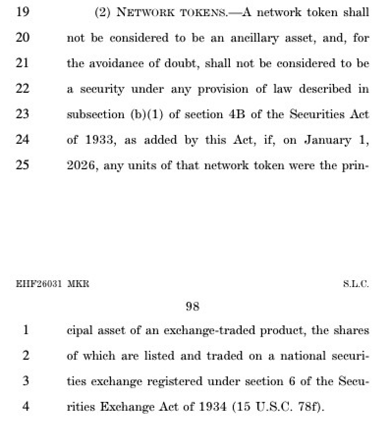 LATEST: 🇺🇸 The latest draft of the CLARITY Act would grant coins like XRP, Solana and Dogecoin the same legal status as Bitcoin by classifying them as non-ancillary assets exempt from SEC securities rules if they were in an ETP by Jan. 1.