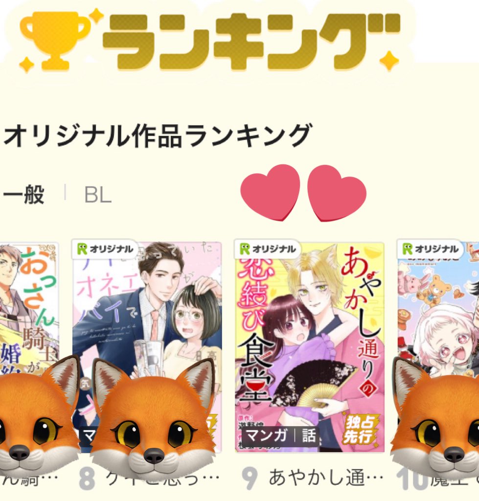 『#あやかし通りの恋結び食堂』（漫画：桜雲寺 彩乃先生）本日、ランキングに入っておりました〜🦊💞ありがとうございます😊なんと…いま1話無料✨なので、まだ読んだことないよ〜と言う方は是非是非お願いします！とっても可愛いお話ですよ〜☺️
renta.papy.co.jp/renta/sc/frm/i…