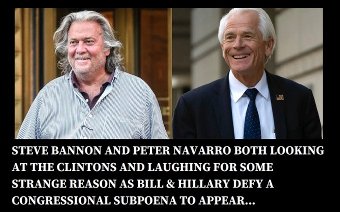 judymorris3's tweet image. Both #SteveBannon and #PeterNavarro went to prison for defying a Congressional subpoena.  They were convicted of Contempt of Congress!

So are @BillClinton and @HillaryClinton ABOVE THE LAW?