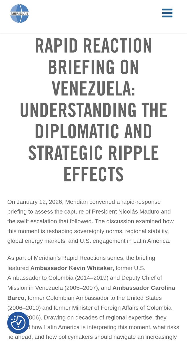 m_betancourtm's tweet image. Sobre Venezuela el Meridian International Center concluye que la diplomacia tradicional está agotada y se requiere una "coordinación multilateral renovada".

Agrega que cualquier solución viable no vendrá de una acción unilateral de EE. UU., sino de una presión concertada que…
