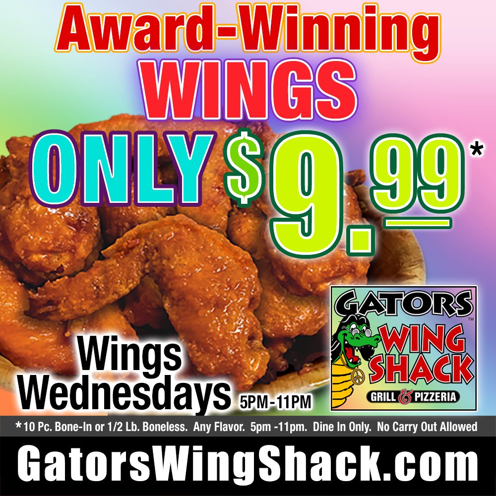 GATORSWINGSHACK's tweet image. ✨ WEDNESDAYS AT @GATORSWINGSHACK!
AWARD-WINNING WINGS ONLY $9.99*
EVERY WEDNESDAY 5pm-11pm
* 10 Pc. Bone-In or 1/2 Lb.
Boneless Any Flavor.
Dine In Only
No Carry Out Allowed
.
.
#wingwednesday #buffalochicken #palatineillinois #NorthwestSuburbs #ilovebuffalowings