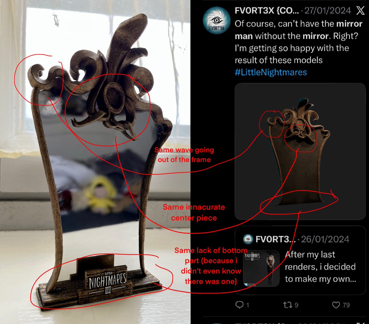 FV0rt3xdd's tweet photo. Hey @BandaiNamcoEU, it has come to my attention that this Official mirror that you have produced seem to be using a fanmade mirror model that I made back in Janurary 2024. Attached, are some pictures that showcase personalized details that I gave to the mirror to differentiate it https://t.co/knJe3yy62W