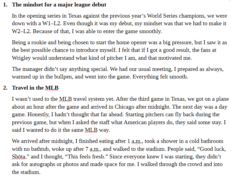 CubbyMike76's tweet image. Here’s a summary of yesterday’s Shōta podcast! He talks about the atmosphere at Wrigley during his first time on the mound and his feelings toward the fans! The theme of episode 4 is “Why was I able to perform well in my debut?” @Cubs #BeHereForIt #FlyTheW #今永SHOTAISM