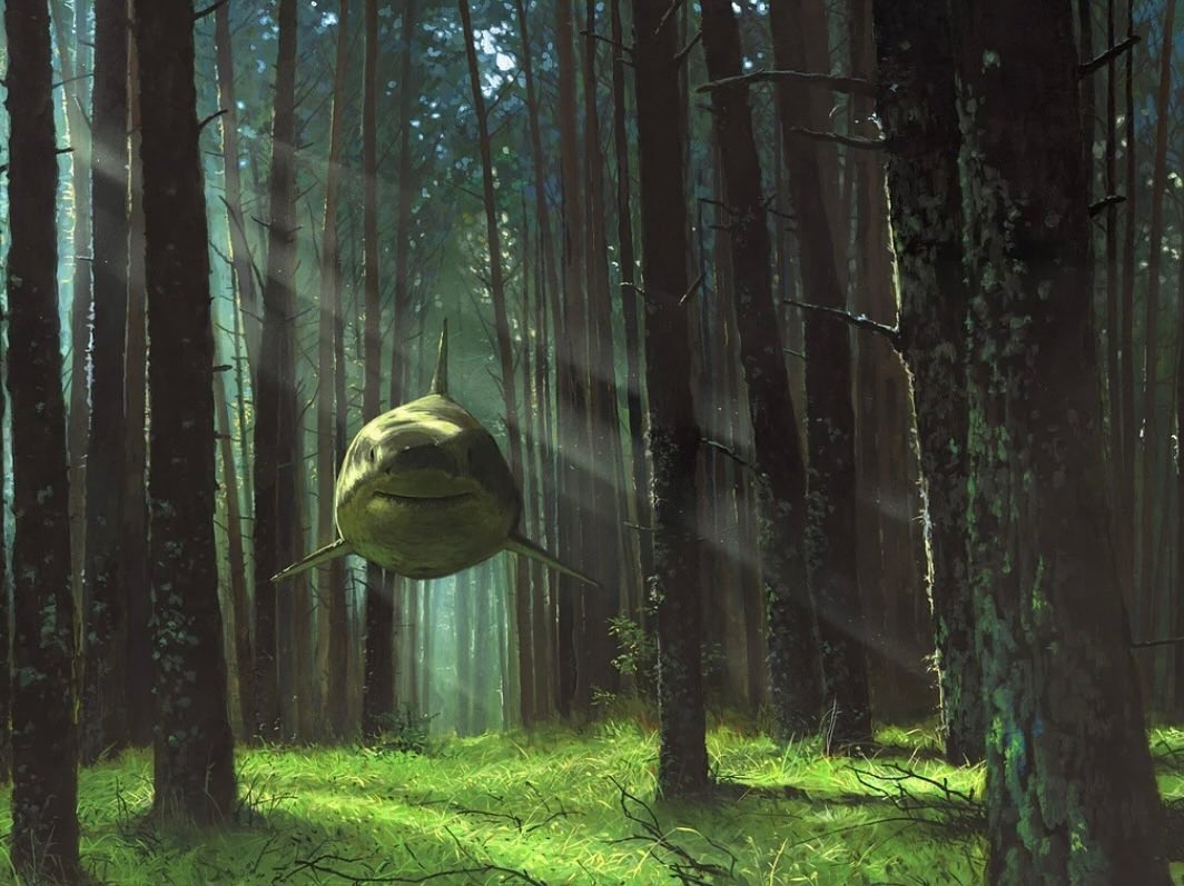 jib_loger_alt's tweet image. Probably one of the coolest things that I learned recently is that the one floating shark in the woods meme image actually isn’t a Photoshop image at all but it’s actually a physical painting made by an artist named Chris Austin! It’s called“I’ll Hear You Calling Me”

Super good