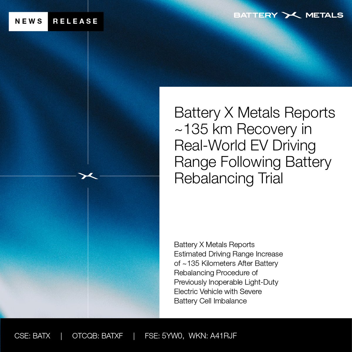 BatteryXMetals's tweet photo. ⚡Battery X Metals Reports ~135 km Recovery in Real-World EV Driving Range Following Battery Rebalancing Trial

🔗 Read more: https://t.co/QOTUUAv958 

#BatteryX #EVBatteries #BatteryRebalancing #ElectricVehicles #EnergyTransition #CleanEnergy #BatteryTechnology https://t.co/iDR6I4Bger
