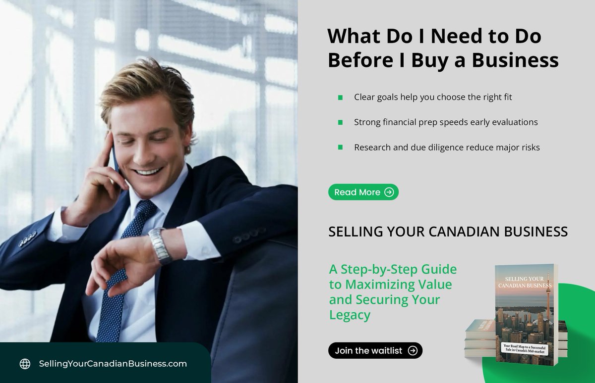 What Do I Need to Do Before I Buy a Business

 Before buying a business, it is vital to clarify your goals, financial capacity, and the type of opportunity you want. 

Read more 👉 sellingyourcanadianbusiness.com/articles/f/wha…

 #BuyABusiness #BusinessAcquisition #BusinessOwners