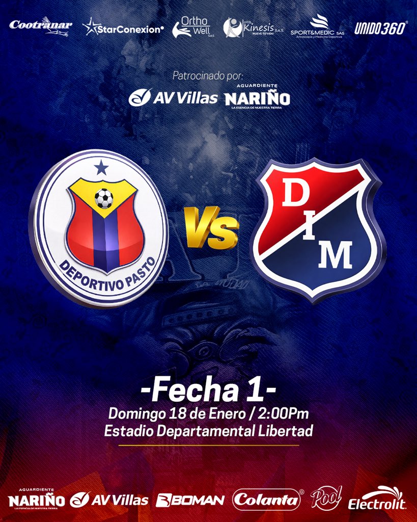 🇷🇴 𝗘𝗟 𝗧𝗥𝗜𝗖𝗢𝗟𝗢𝗥 𝗔 𝗘𝗦𝗖𝗘𝗡𝗔🇷🇴 🔵🔴🟡 

[🗓𝙿𝚁𝙾𝙶𝚁𝙰́𝙼𝙰𝚃𝙴 ] 

𝐏𝐑𝐈𝐌𝐄𝐑𝐀 𝐃𝐈𝐕𝐈𝐒𝐈𝐎́𝐍 🇨🇴 

𝙁𝙀𝘾𝙃𝘼 1️⃣] ✅ 

🆚 <a href="/DIM_Oficial/">DIM</a> 
🗓 Domingo 18 de enero del 2026. 
🕒 02:00 p.m.
🏟️Libertad (Pasto) 
📱 <a href="/DeporPasto/">Deportivo Pasto</a> en X. 
📺 Win Sports TV ➕.