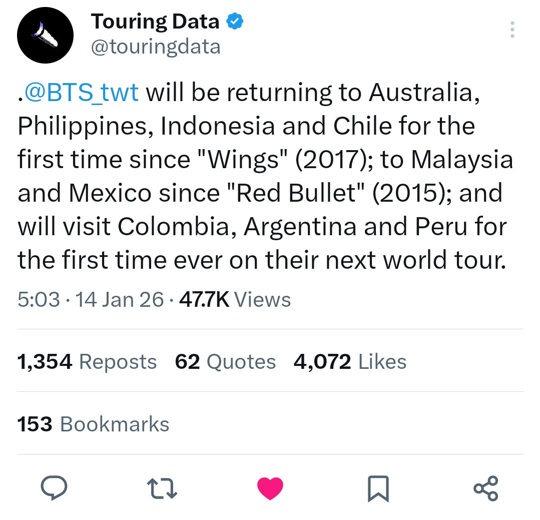 • BTS bakal balik lg ke Australia, Filipina, Indonesia, &amp; Chile untuk pertama kalinya sejak tur Wings (2017). 
• Malaysia &amp; Meksiko sejak Red Bullet (2015).
• BTS bakal ngunjungin Kolombia, Argentina, Belgia dan Peru untuk pertama kalinya.

wow ga kebayang nnti euforianya😭🤯