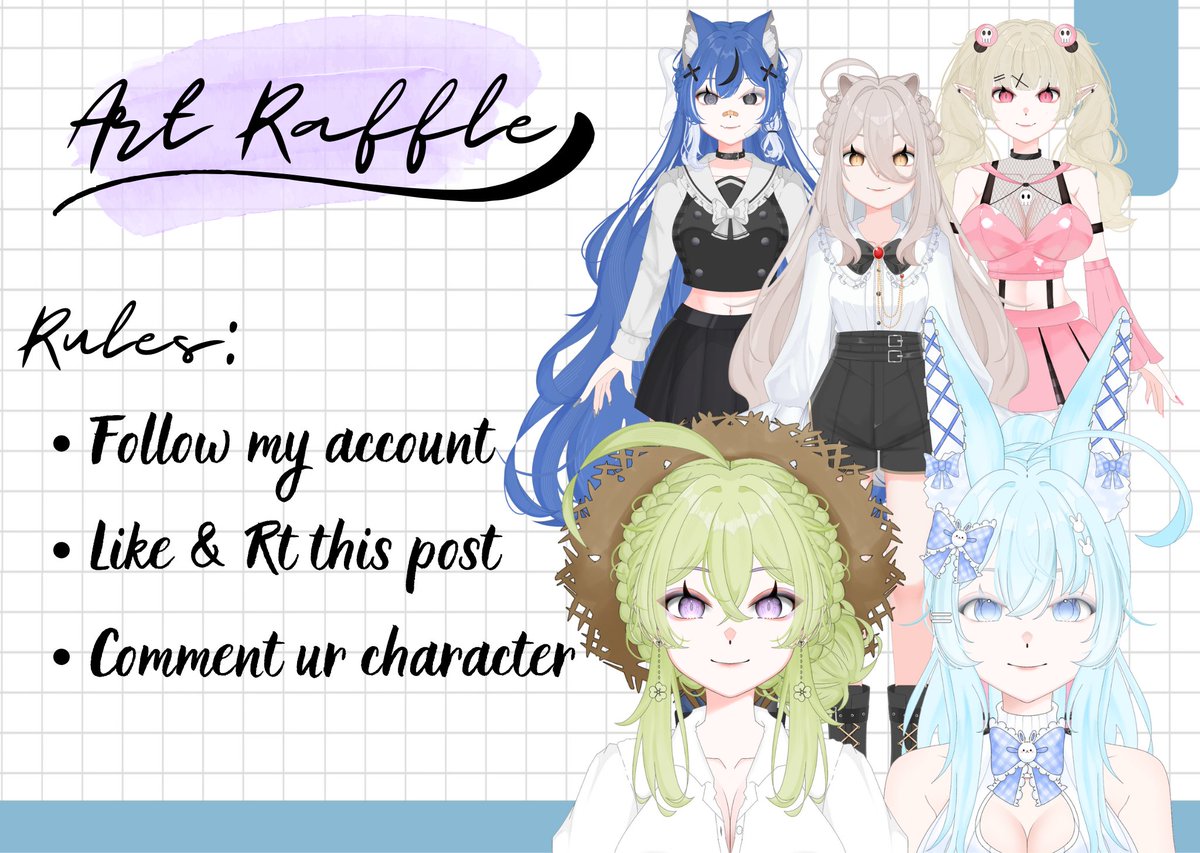 miu_roarielle's tweet image. ✨ ART RAFFLE ✨ 

 2 lucky winners will get: 
🥇Live2D Model with Rig 
🥈Live2D Rigging (Tier 3)  

How to enter: 
1️⃣ Follow my account 
2️⃣ Like &amp;amp; RT this post 
3️⃣ Comment your character  
🗓 Ends January 18th!  
✦ #artraffle #raffle #artgiveaway ✦
