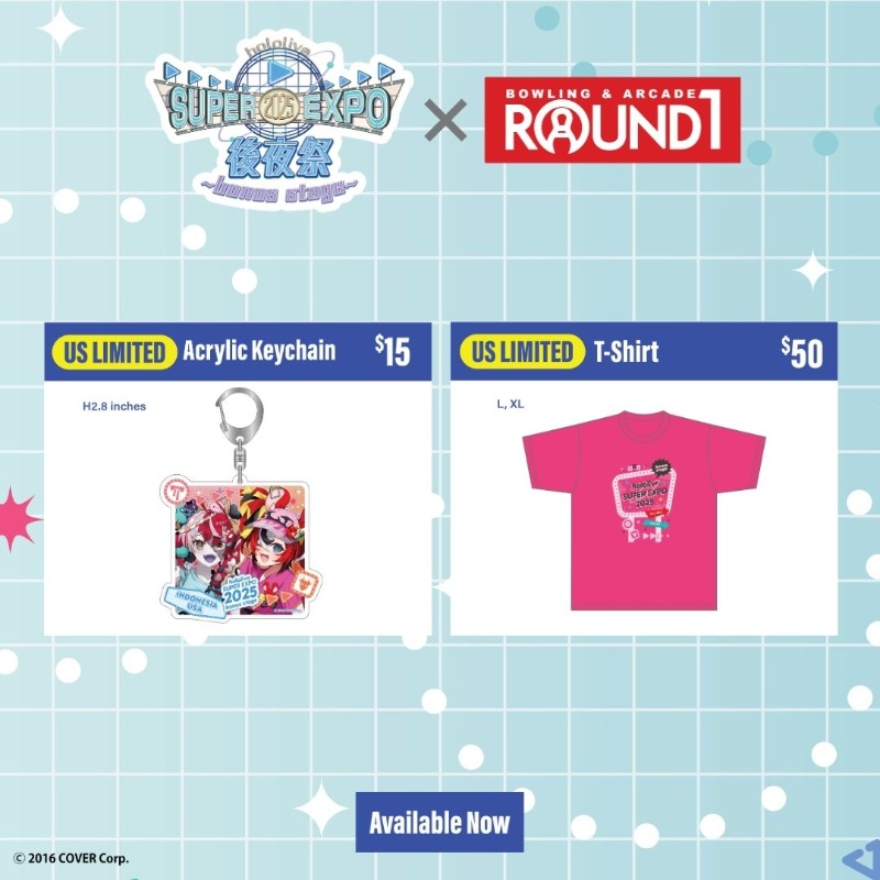 Round1USA's tweet photo. The wait is over! 🎶 Your favorite hololive talents are officially here at Round1! Collect their exclusive merch from hololive SUPER EXPO 2025 bonus stage including keychains, mystery boxes, US limited items, and much more!