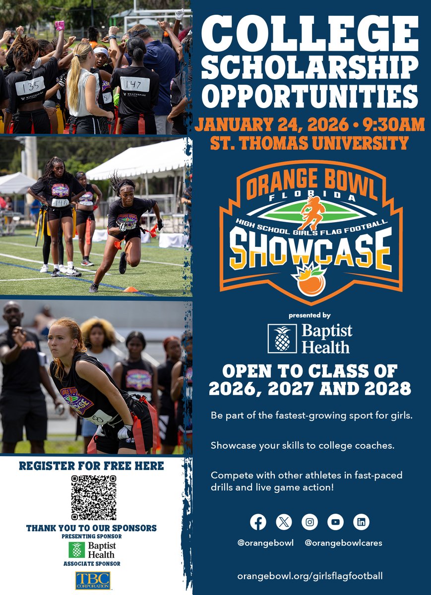 ESPNTop63's tweet image. The @OrangeBowl is helping local flag football players continue playing on the next level. 

Sign up now to try and earn a scholarship next weekend.