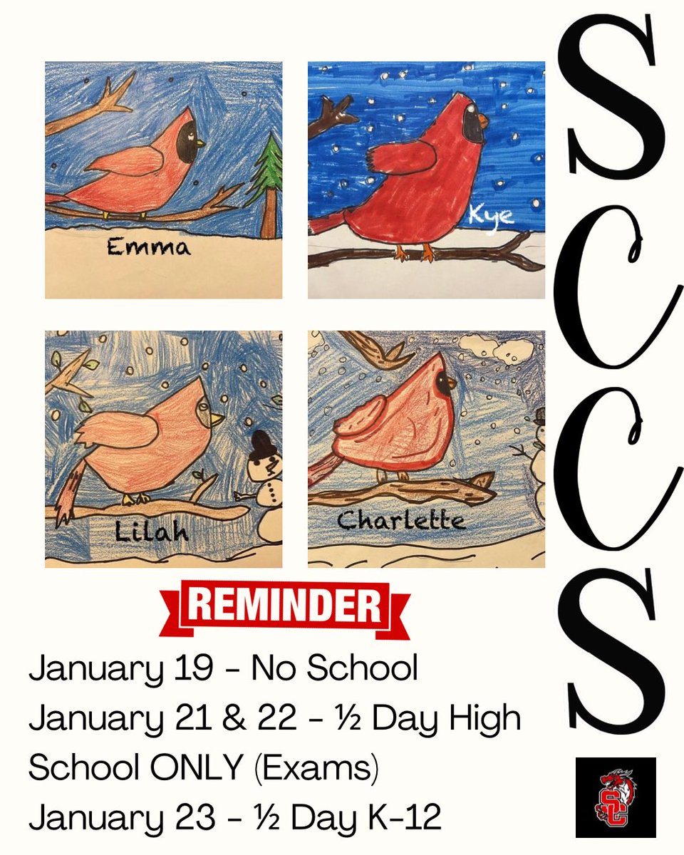 swartz_creek's tweet image. These cardinal drawings by Dieck Elementary fourth graders help draw attention to an important end of semester calendar reminder as we wrap up the semester.

🔗 District Calendar files-backend.assets.thrillshare.com/documents/asse…

#endofsemester