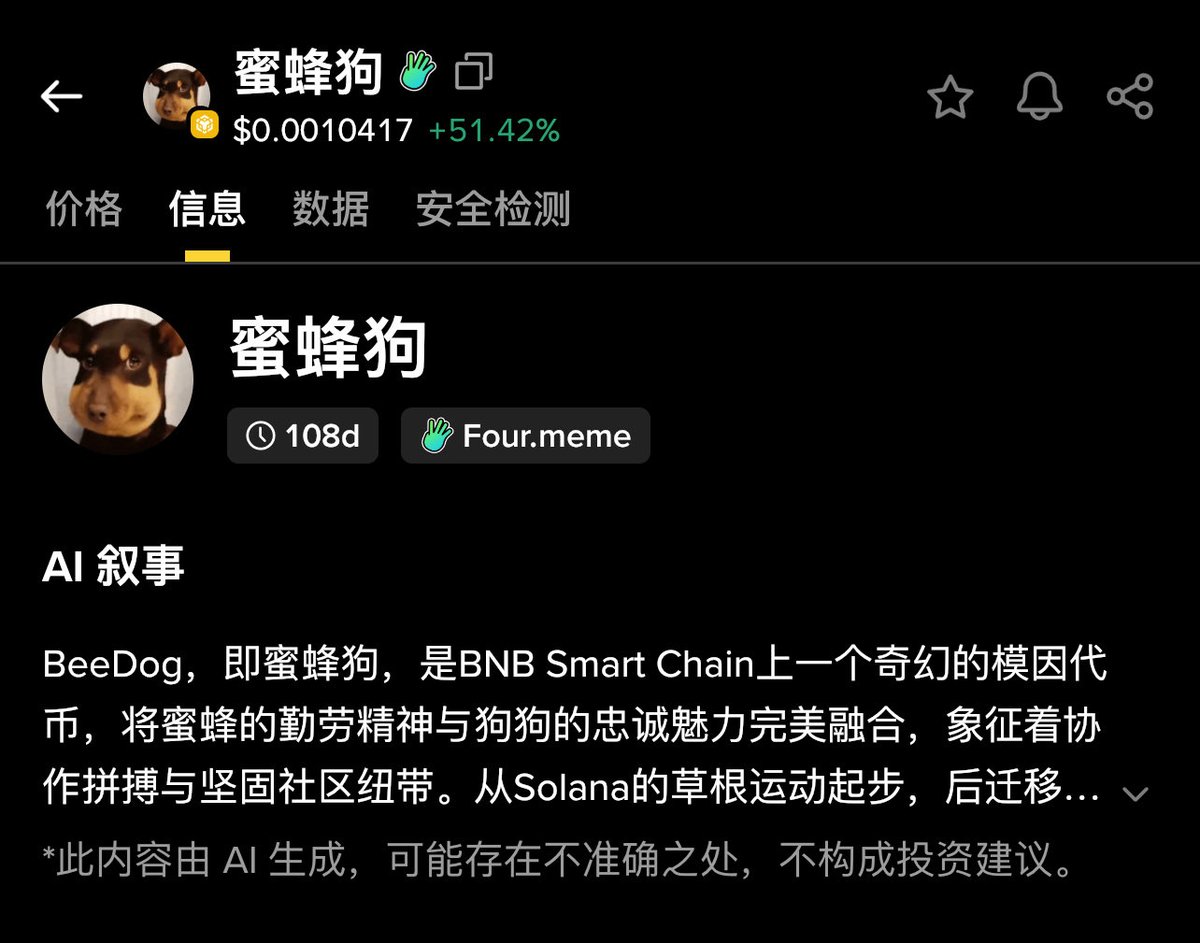 蜜蜂狗108天后，蜜蜂狗依然保持100万美金的市值！蜜蜂狗会是第一只上中文区的狗狗meme吗？ 我们知道cheems 一只保持2亿美金 的市值！这就是价值meme的体现！