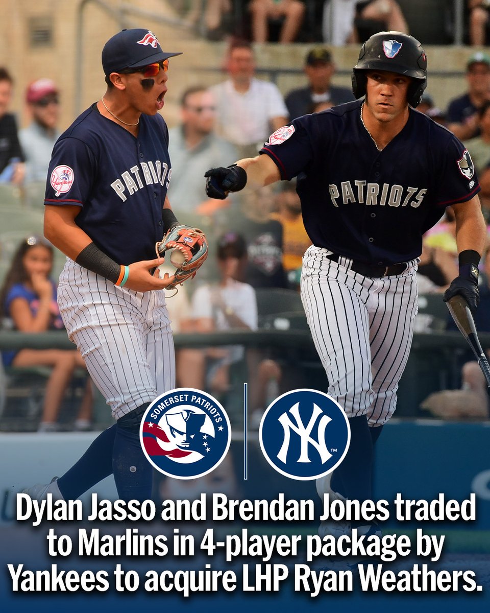 SOMPatriots's tweet image. The @Yankees have announced that INF Dylan Jasso and OF Brendan Jones have been traded to the @Marlins in a four-player package to acquire LHP Ryan Weathers.