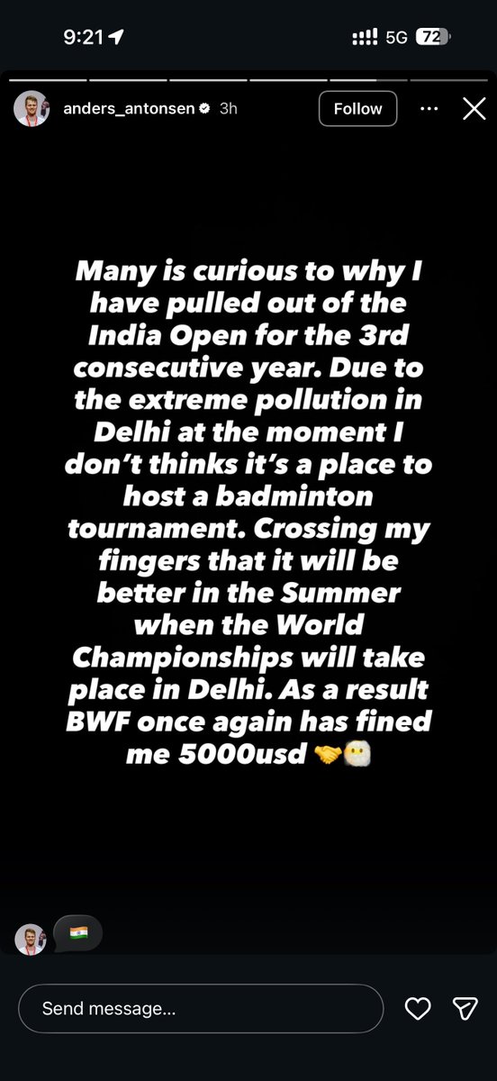 HaHakim97's tweet image. Anders Antonsen spoke up about the air pollution and got fined instead. BWF doesnt really care, sometimes players have to go to the media or just post an Instagram story so netizens know, like what Antonsen did.