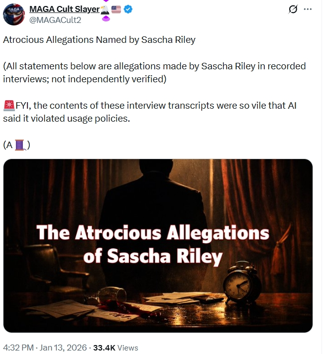NotBUFFY_VS's tweet photo. Here R some of #SashaBarros &amp; #SaschaRiley's accounts of #Felon47's (alleged) child rape &amp; other heinous exploits of them. CAUTION: Read at UR own risk. What was done to them by the felon was beyond VILE.
Sasha Barros: https://t.co/NuzbfOZaGC
Sascha Riley:
https://t.co/QIBcbENKNk https://t.co/W3thi7d1xZ