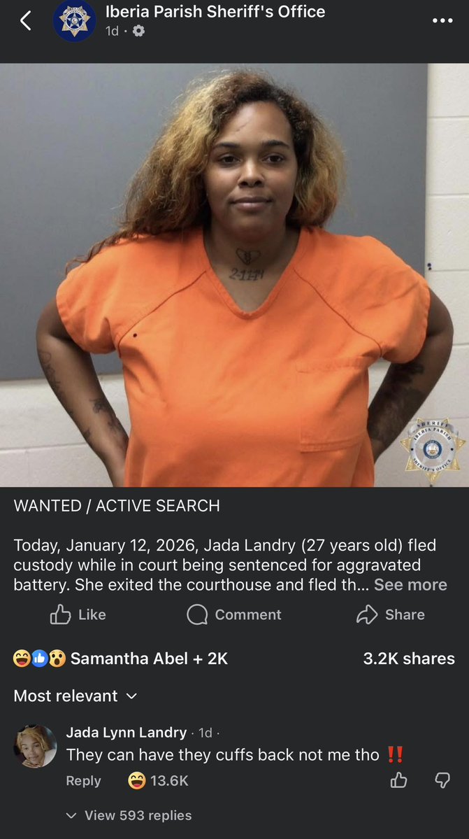 queen_bee337's tweet image. Only in Louisiana would the fugitive comment on their own wanted post. 🤦🏼‍♀️