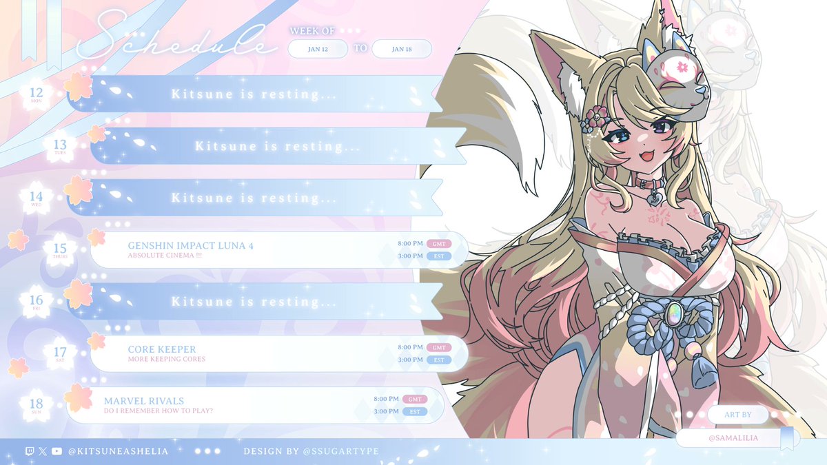 【STREAM SCHEDULE】🦊🩷
hihi ! Genshin returns this week ! Trust—it'll be cinema :3 ALSO if things go right I will be trying Marvel Rivals out again this weekend! I am gonna be absolutely terrible 👀