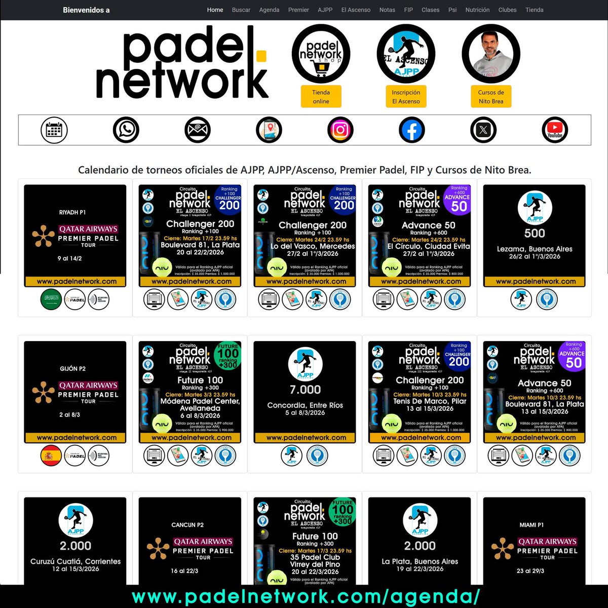 PadelNetwork's tweet image. Apenas 13/1 y la Agenda Global de Padelnetwork ya se está volviendo loca. Premier, AJPP y Circuito Padelnetwork AJPP/Ascenso ya con muchísimas fechas y sumando más todos los días.

Consultala siempre en padelnetwork.com/agenda/

#PadelNetwork #padel #ajppargentina #premierpadel